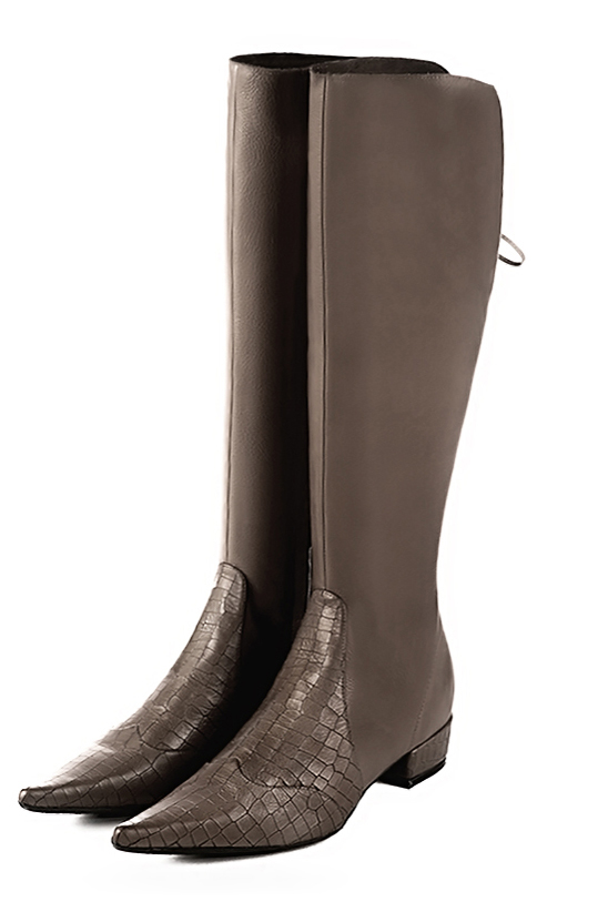 Taupe brown women's knee-high boots, with laces at the back. Pointed toe. Low block heels. Made to measure. Front view - Florence KOOIJMAN